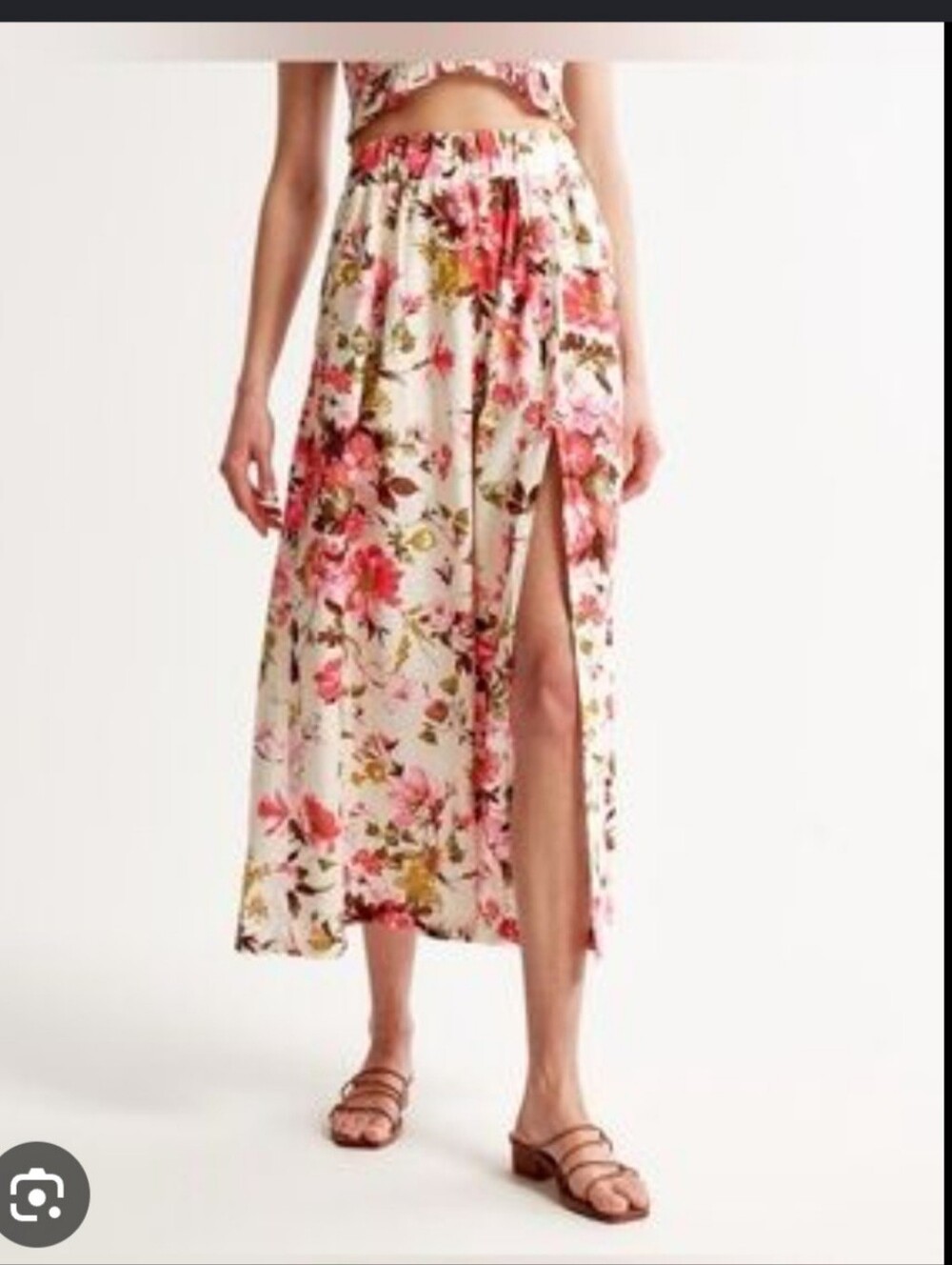 Abercrombie & Fitch Linen Blend Cream Midi Skirt with Pink Floral Print Size L